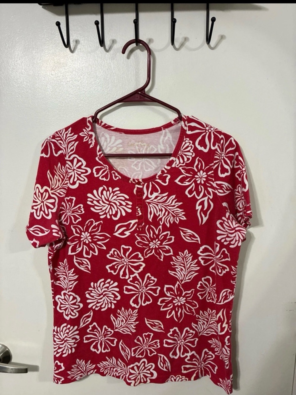 Coral Bay Red Floral Short Sleeve Henley Top